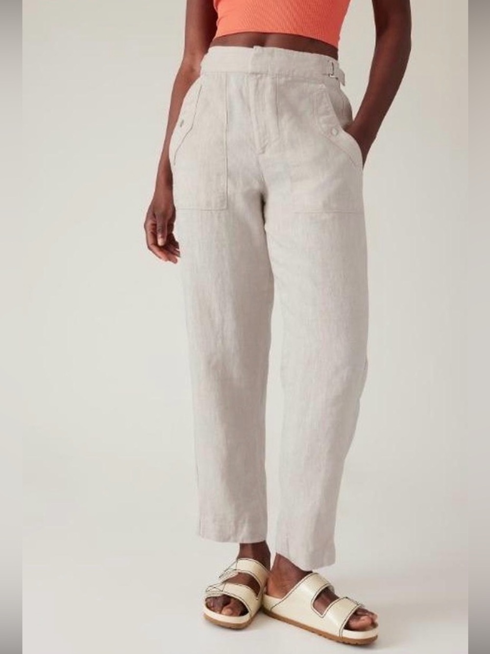 Athleta Voyager Linen Cropped Ankle Pants High-Rise Beige Oatmeal size 8